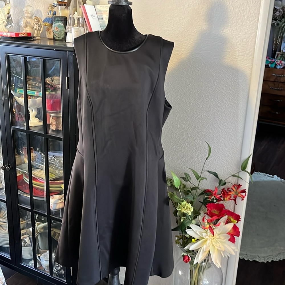 DKNY scuba dress with leather trim, leather type trim